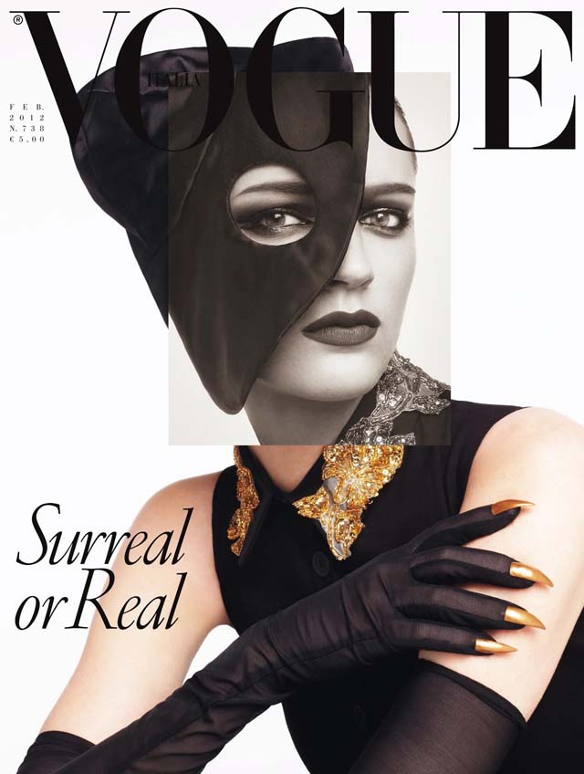 Ellen Christine Millinery Hat on model Laura Kampmann by Steven Meisel for Vogue Italia, February 2012